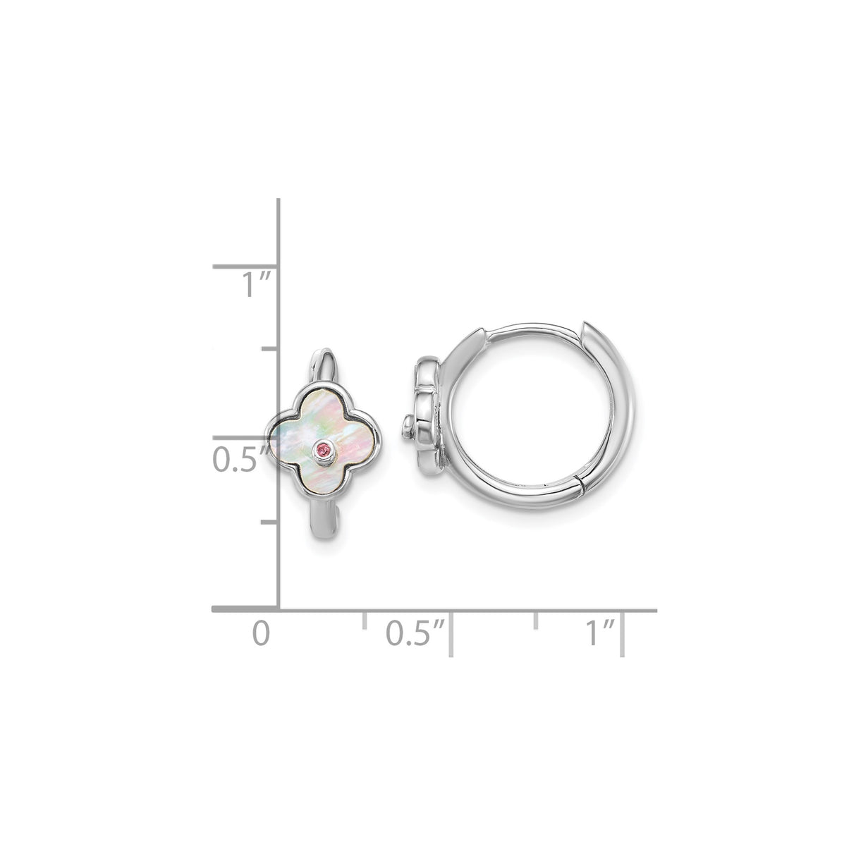 Sterling Silver Hoop Earrings with Mother of Pearl Clover and Cubic Zirconia Accent