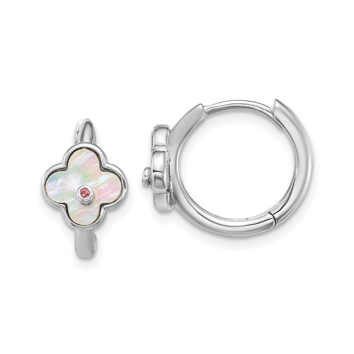 Sterling Silver Hoop Earrings with Mother of Pearl Clover and Cubic Zirconia Accent