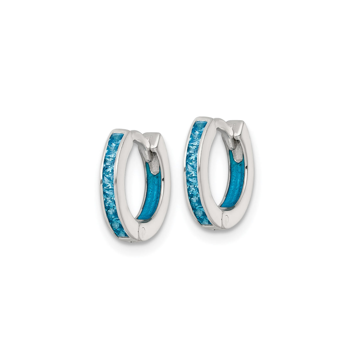 Sterling Silver Hoop Earrings with Blue Inlay Cubic Zirconia, Channel Set, Modern Polished Design