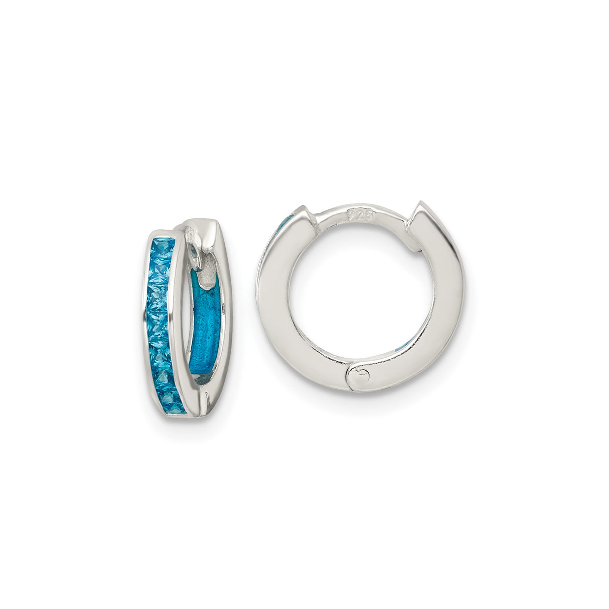 Sterling Silver Hoop Earrings with Blue Inlay Cubic Zirconia, Channel Set, Modern Polished Design