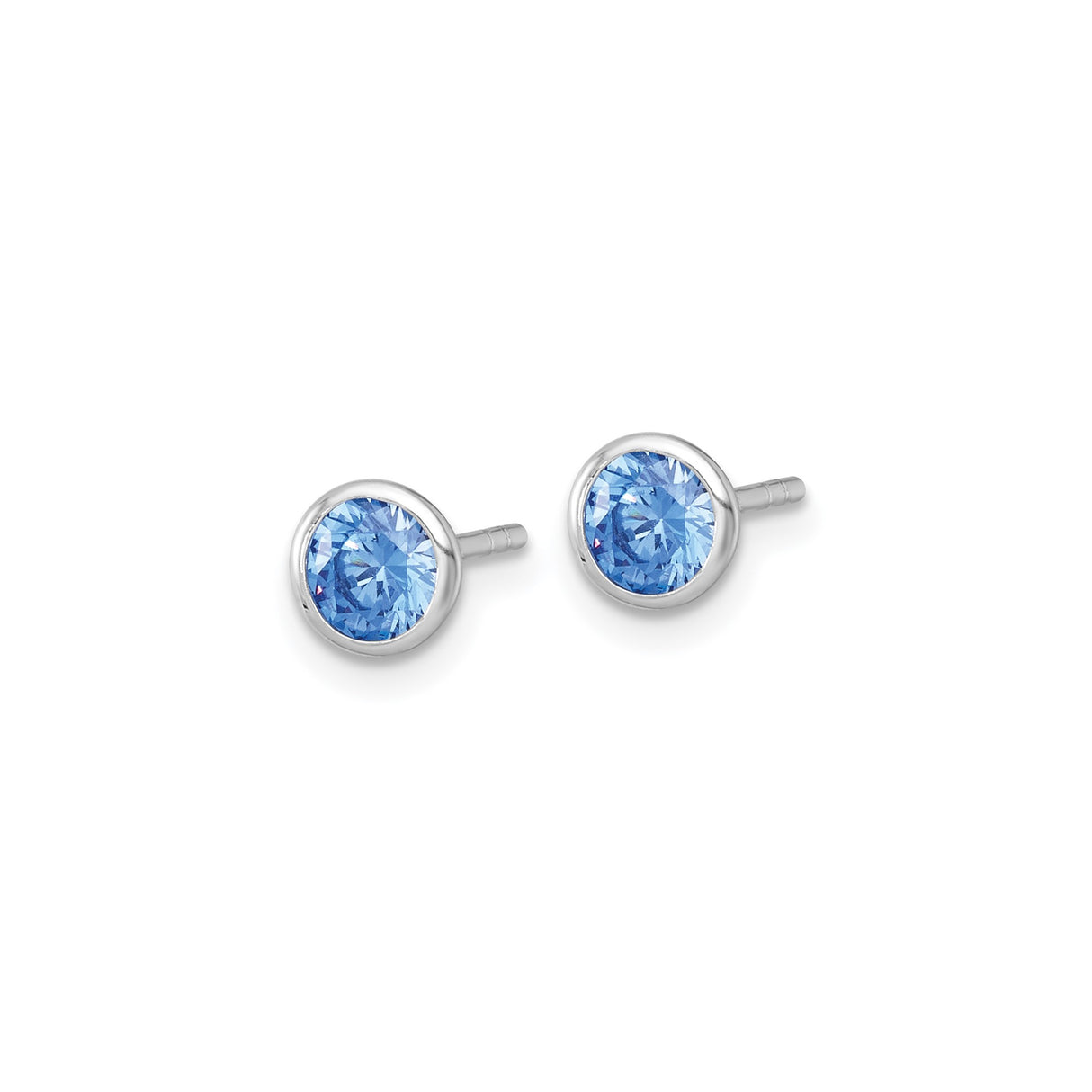 Sterling Silver Stud Earrings with Bezel Set Round Blue Cubic Zirconia, Minimalist Design