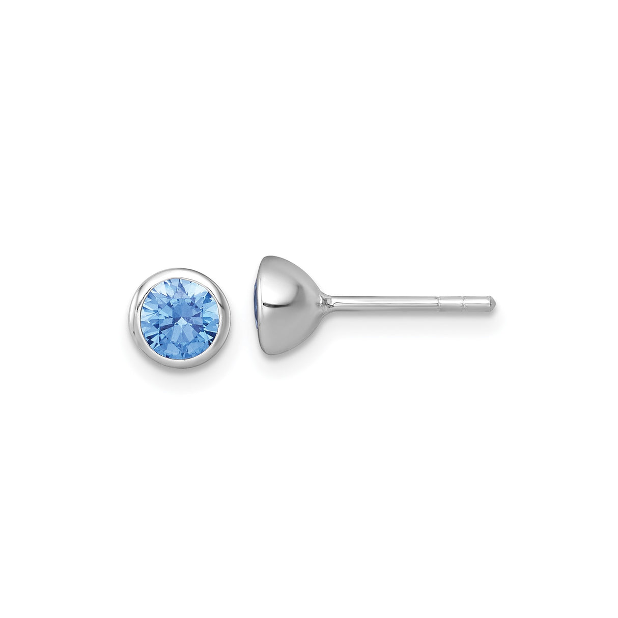 Sterling Silver Stud Earrings with Bezel Set Round Blue Cubic Zirconia, Minimalist Design