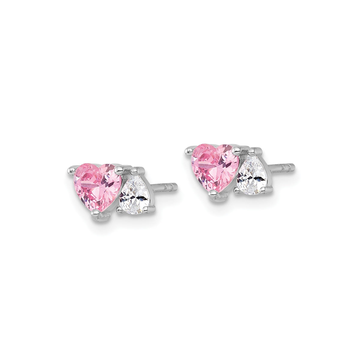 Sterling Silver Stud Earrings with Pink Heart and Clear Pear Cubic Zirconia