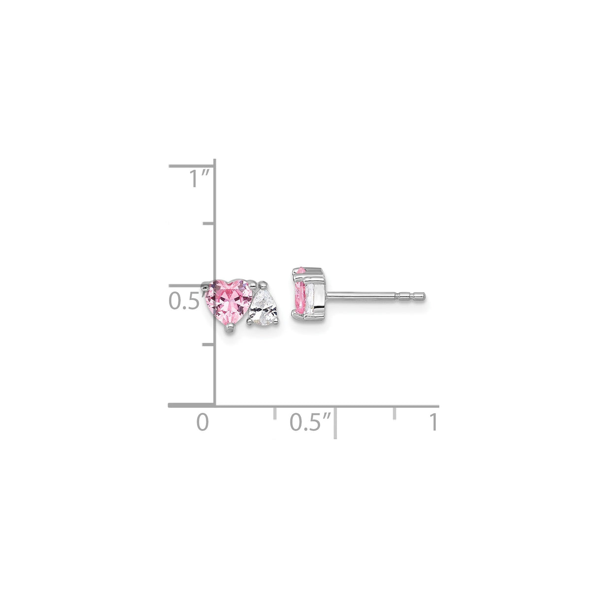 Sterling Silver Stud Earrings with Pink Heart and Clear Pear Cubic Zirconia