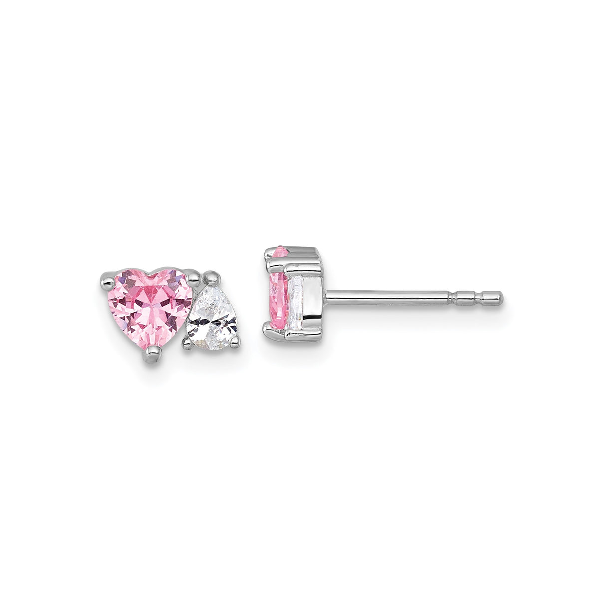 Sterling Silver Stud Earrings with Pink Heart and Clear Pear Cubic Zirconia