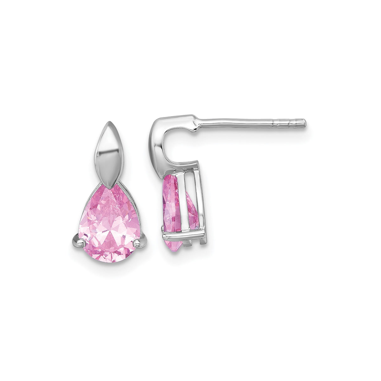 Sterling Silver Teardrop Stud Earrings with Pink Cubic Zirconia, Polished Post Back Design