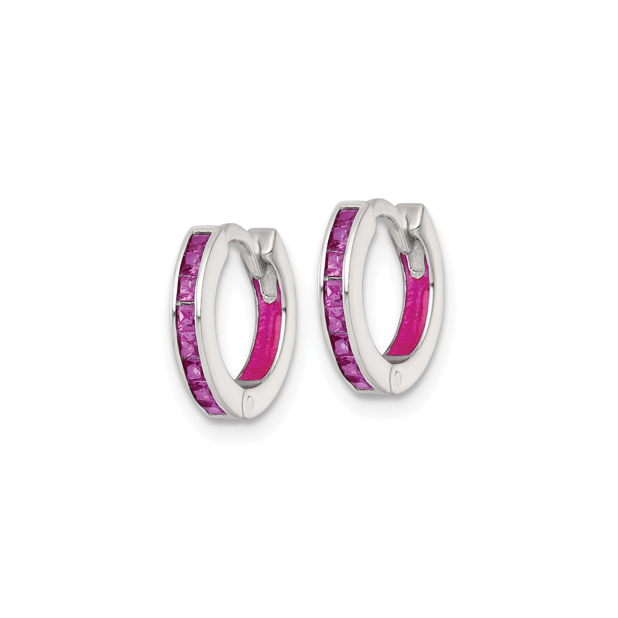 Sterling Silver Huggie Hoop Earrings with Square Cut Pink Cubic Zirconia Channel Set