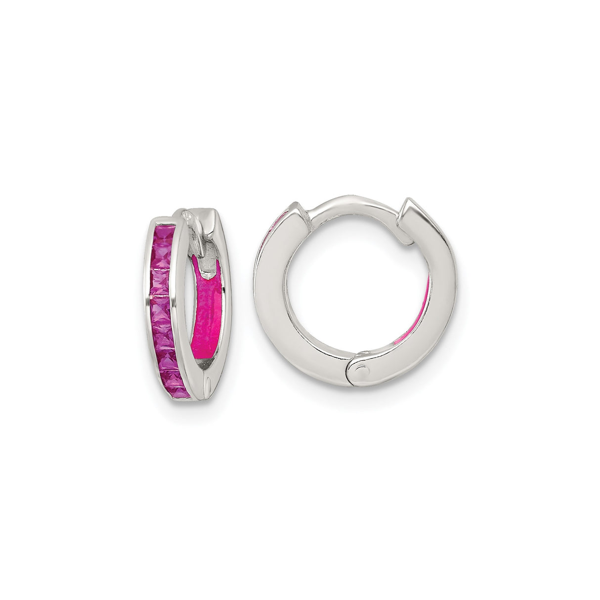 Sterling Silver Huggie Hoop Earrings with Square Cut Pink Cubic Zirconia Channel Set