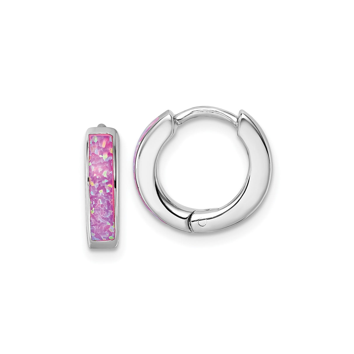 Sterling Silver Hoop Earrings with Pink Created Opal Inlay, Small Huggie Style for Women