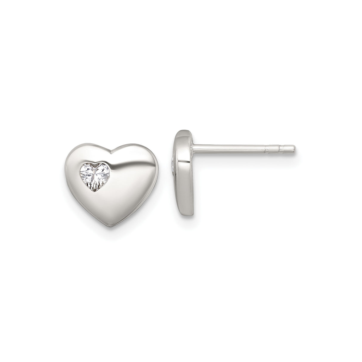 Sterling Silver Heart Stud Earrings with Cubic Zirconia Inlay, Romantic Minimalist Jewelry for Women