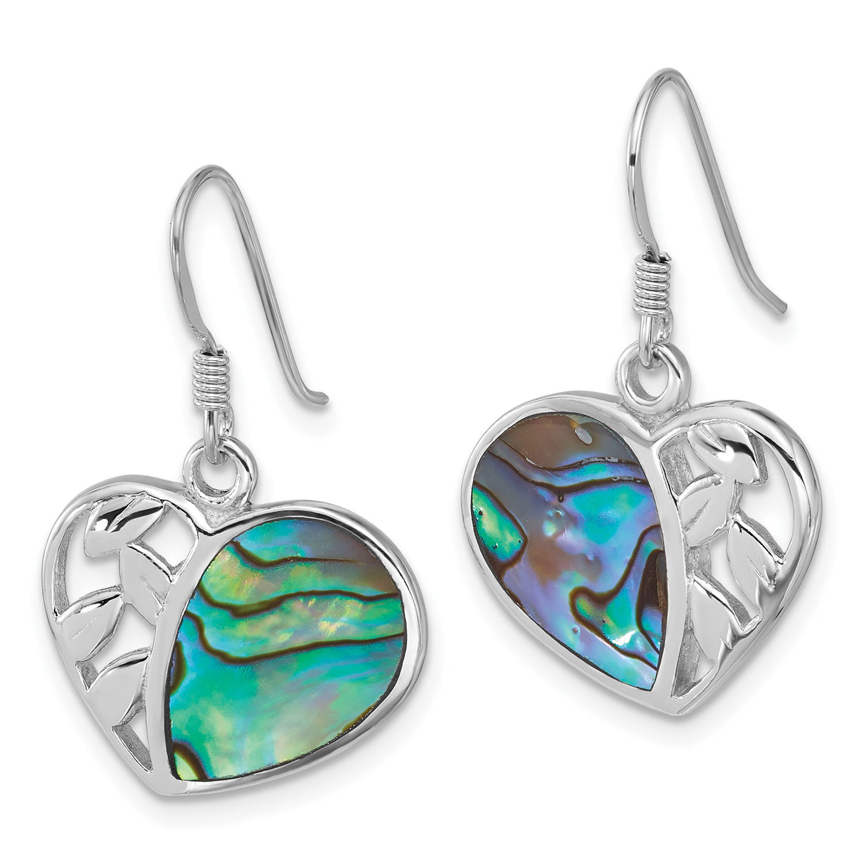 Sterling Silver Heart Shaped Dangle Earrings with Abalone Shell and Leaf Cutout Design