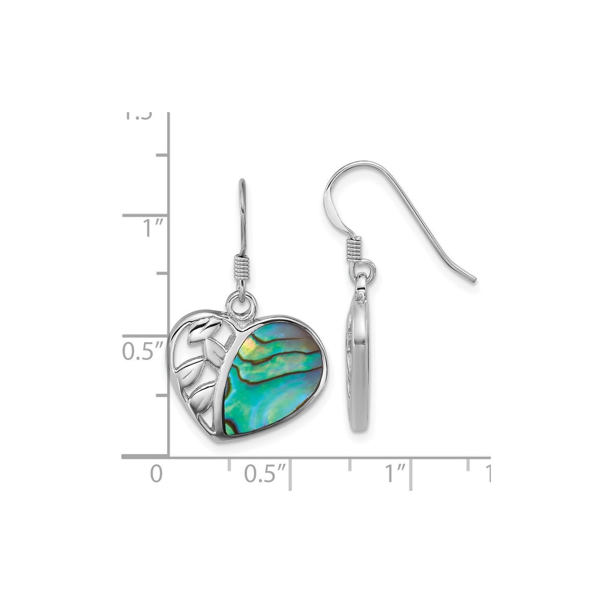 Sterling Silver Heart Shaped Dangle Earrings with Abalone Shell and Leaf Cutout Design