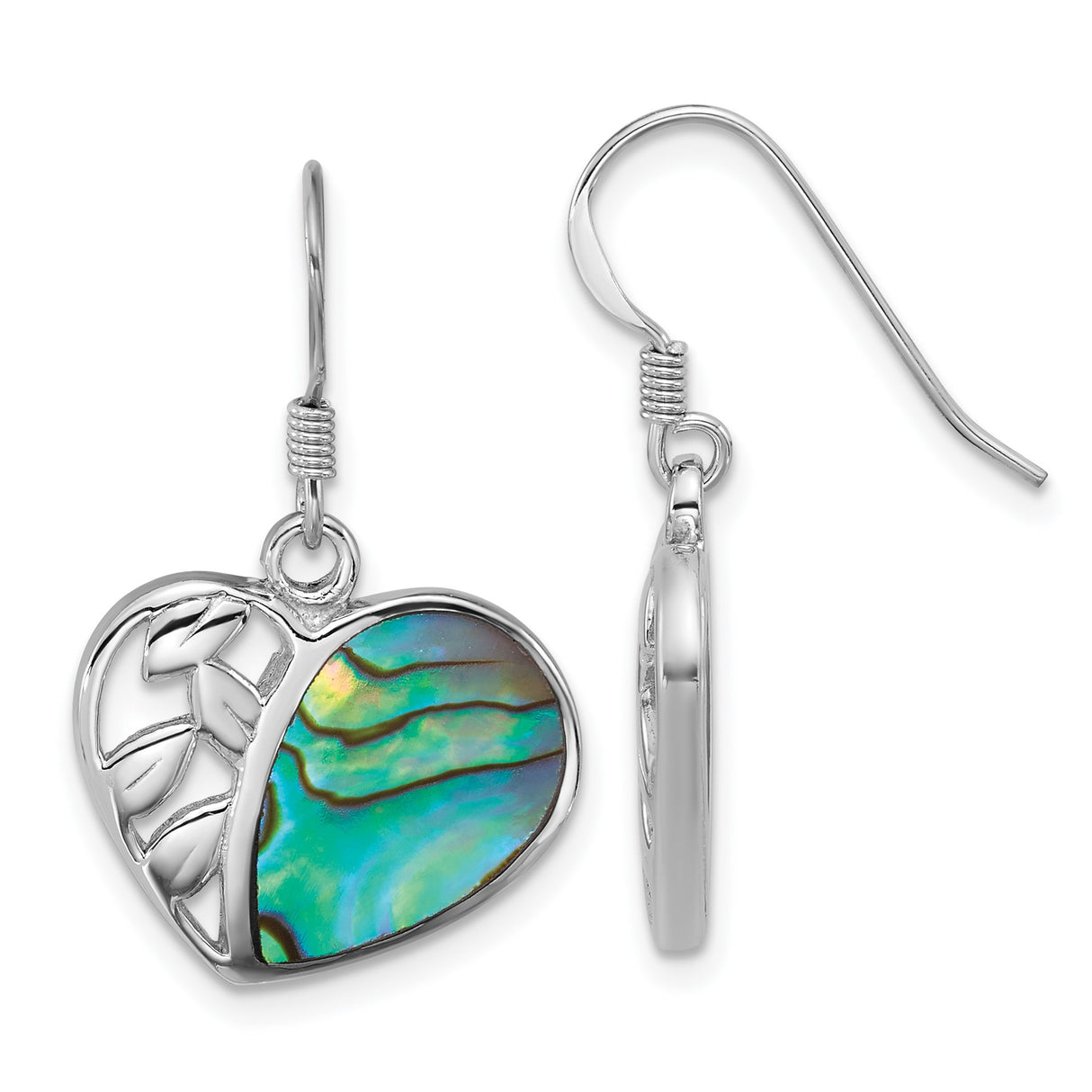 Sterling Silver Heart Shaped Dangle Earrings with Abalone Shell and Leaf Cutout Design