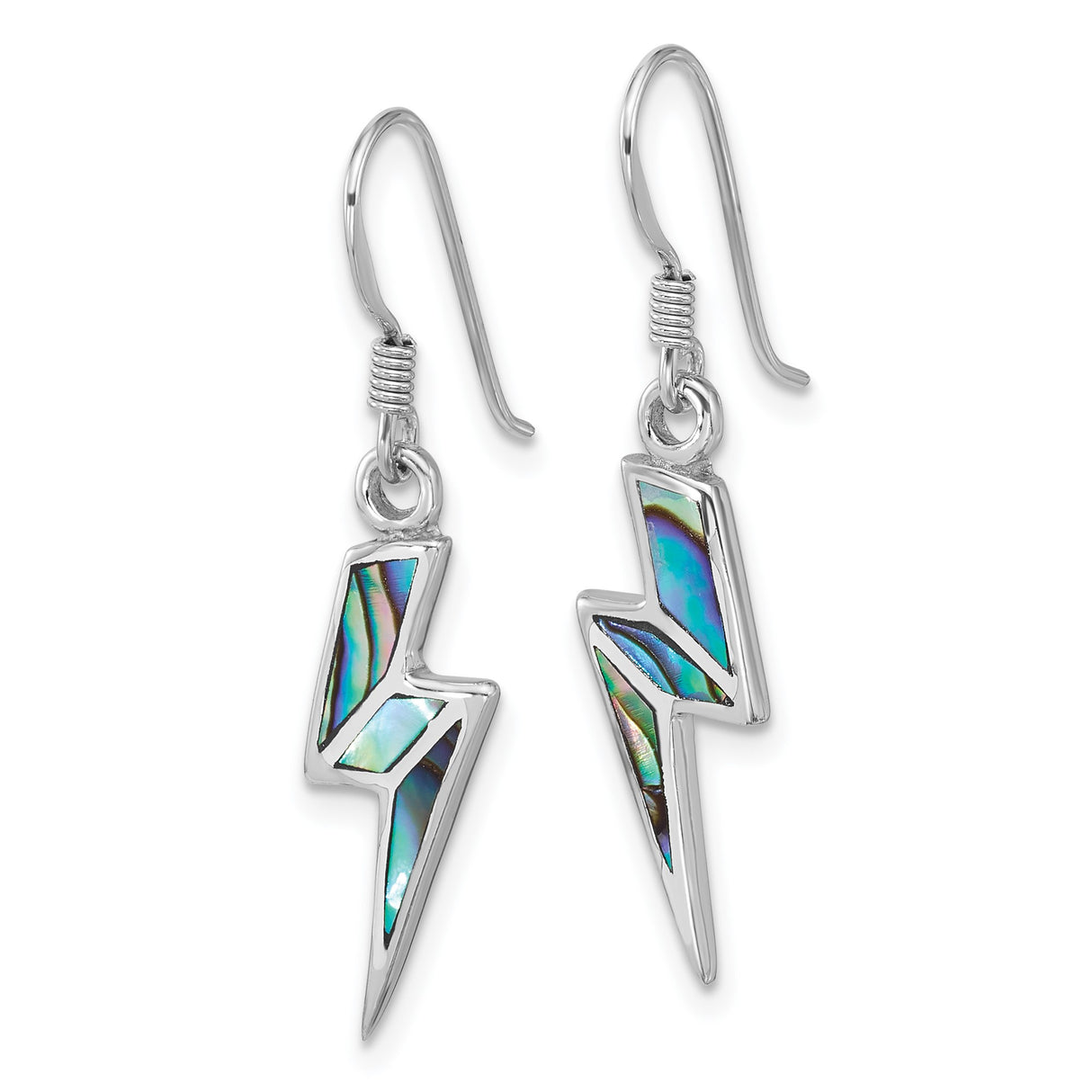 Sterling Silver Lightning Bolt Drop Earrings with Abalone Shell Inlay, Modern Edgy Style