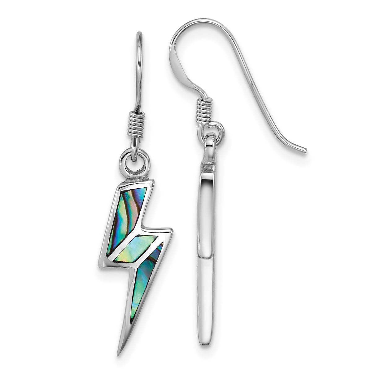 Sterling Silver Lightning Bolt Drop Earrings with Abalone Shell Inlay, Modern Edgy Style