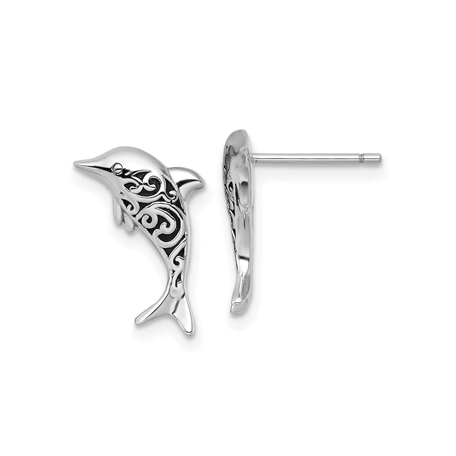 Sterling Silver Dolphin Stud Earrings, Swirl Cutout Ocean-Inspired Design, Nautical Beach Style
