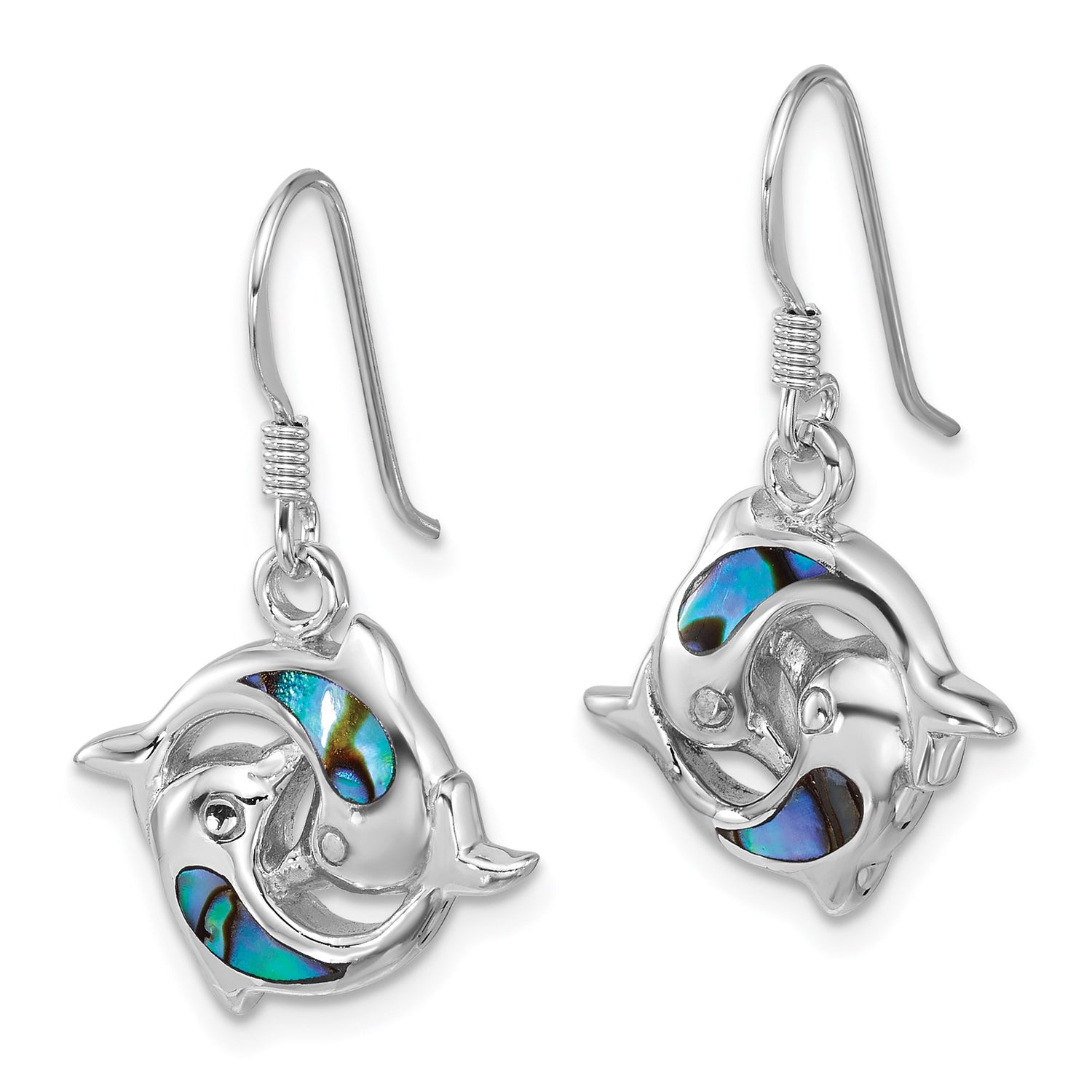 Sterling Silver Dolphin Dangle Earrings with Abalone Shell, Nautical Ocean Theme