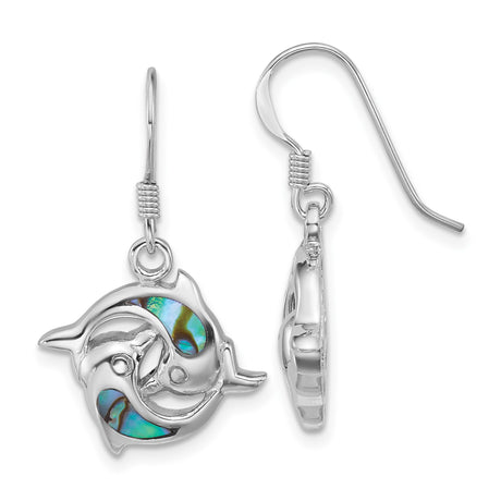 Sterling Silver Dolphin Dangle Earrings with Abalone Shell, Nautical Ocean Theme