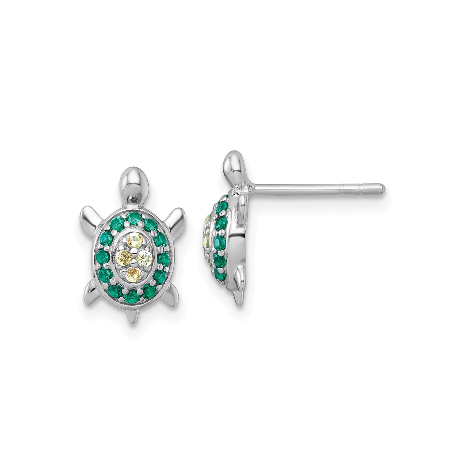 Sterling Silver Turtle Stud Earrings with Green and Yellow Crystals, Ocean Animal Theme