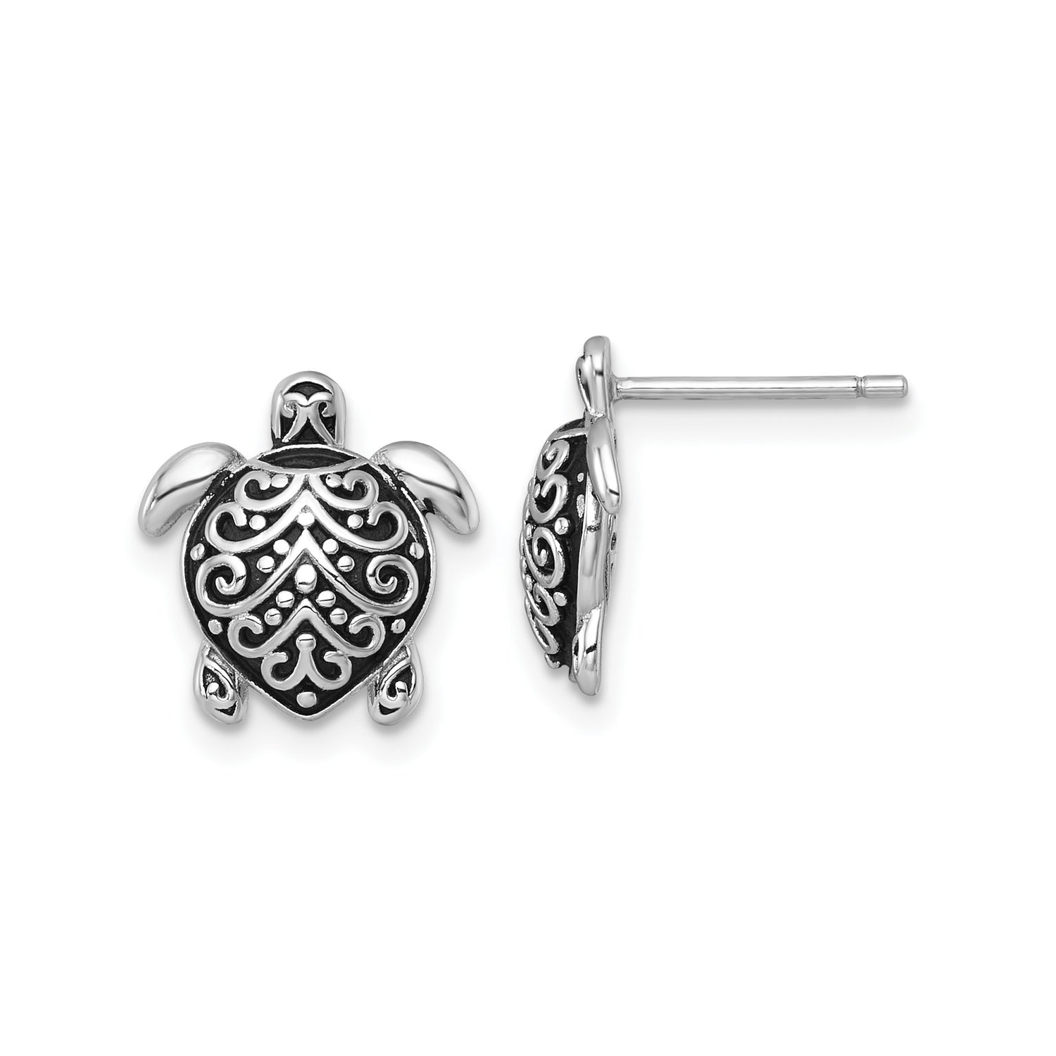 Sterling Silver Turtle Stud Earrings with Filigree Detailing, Ocean Inspired Animal Design
