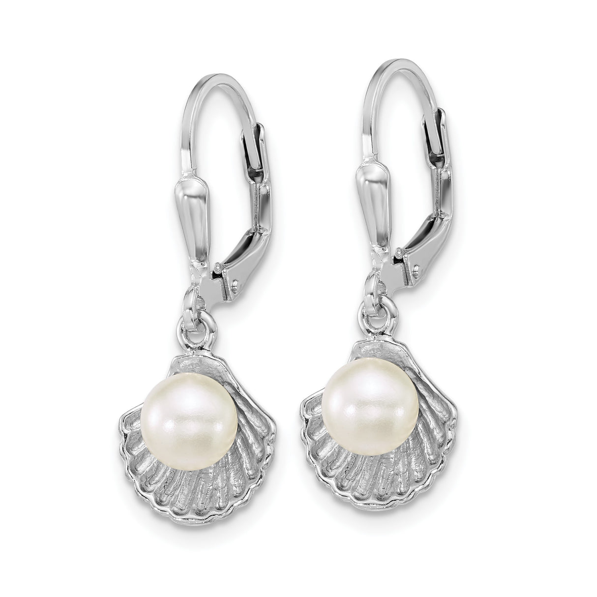Sterling Silver Dangle Earrings with Simulated Pearl, Nautical Seashell Design for Women