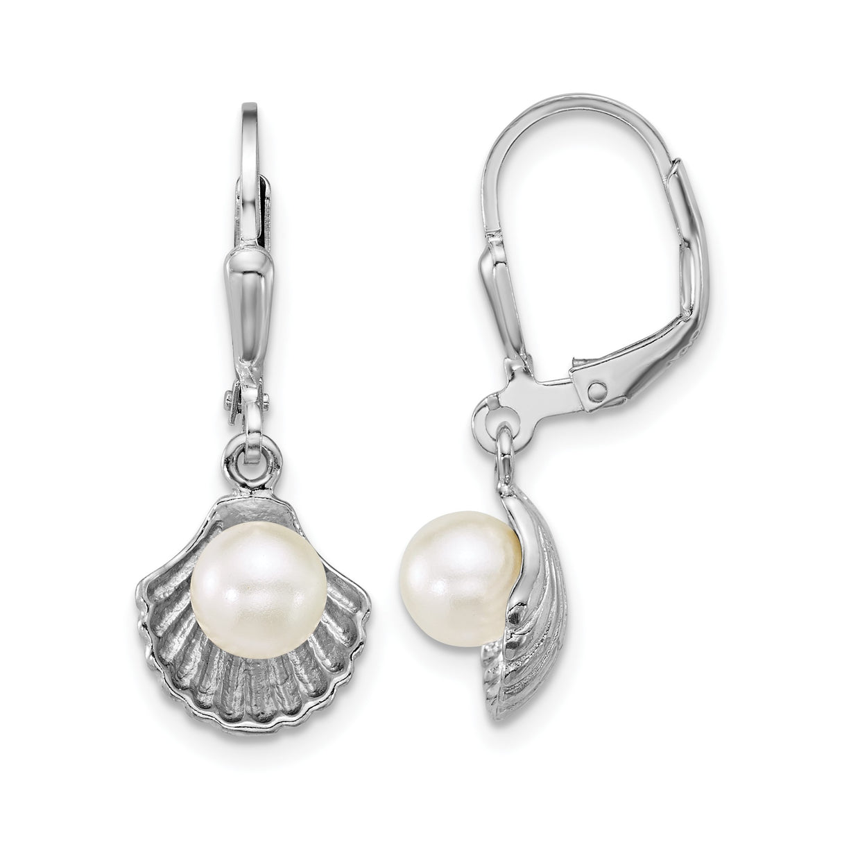 Sterling Silver Dangle Earrings with Simulated Pearl, Nautical Seashell Design for Women