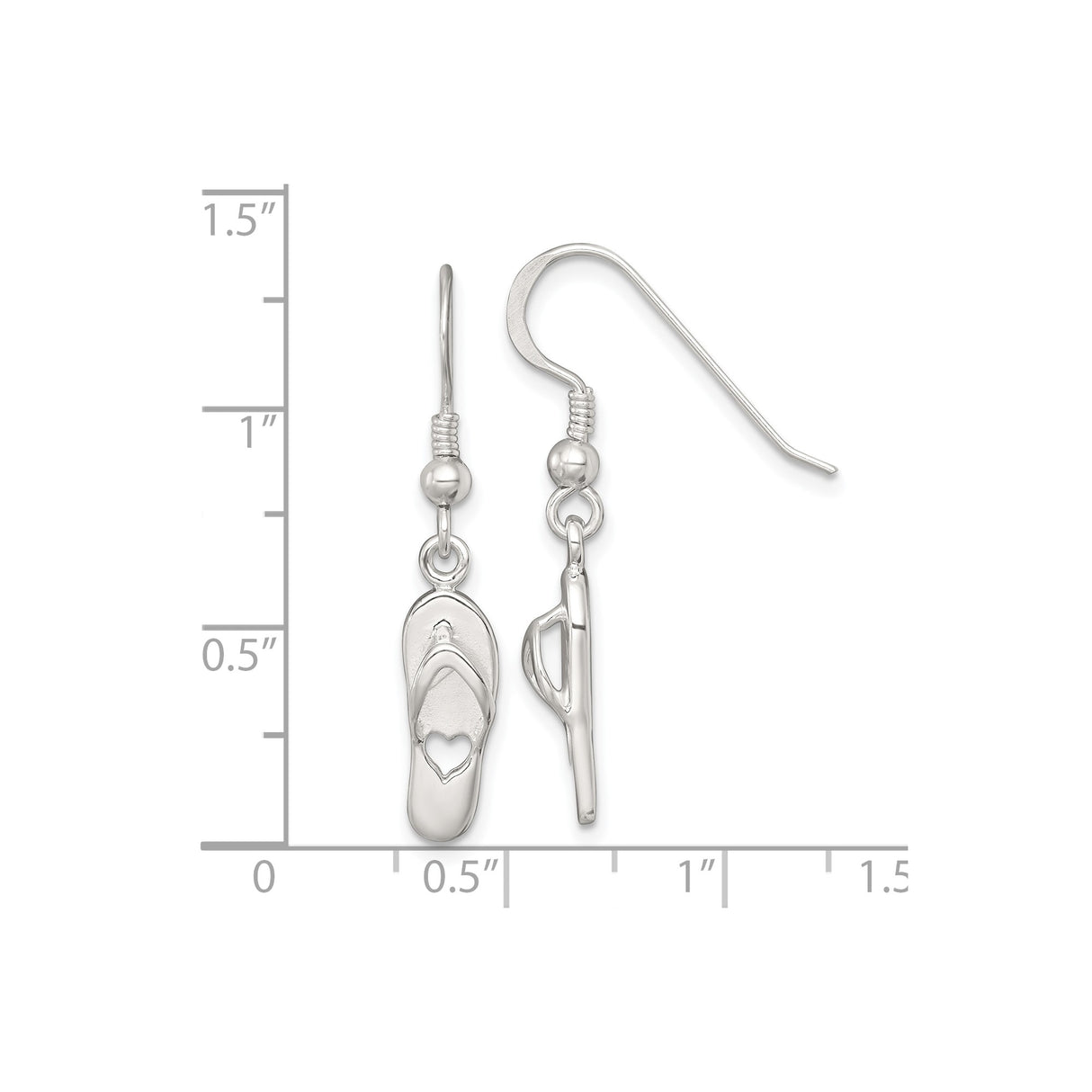 Sterling Silver Flip Flop Dangle Earrings with Cutout Heart Design, Beach Sandal Style for Women