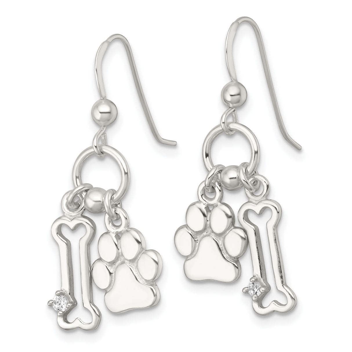 Sterling Silver Dangle Earrings with Cubic Zirconia, Dog Bone and Paw Print Design