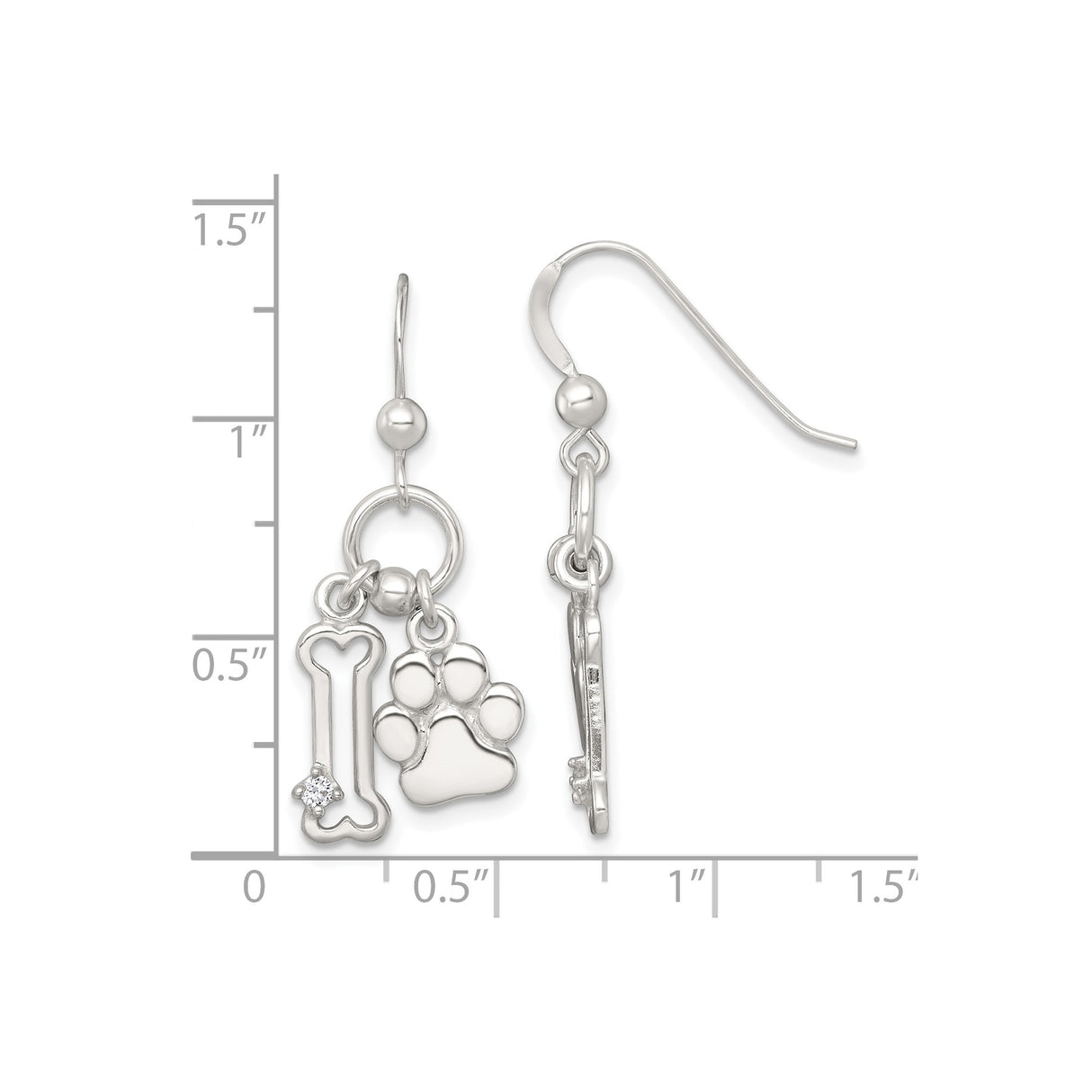 Sterling Silver Dangle Earrings with Cubic Zirconia, Dog Bone and Paw Print Design
