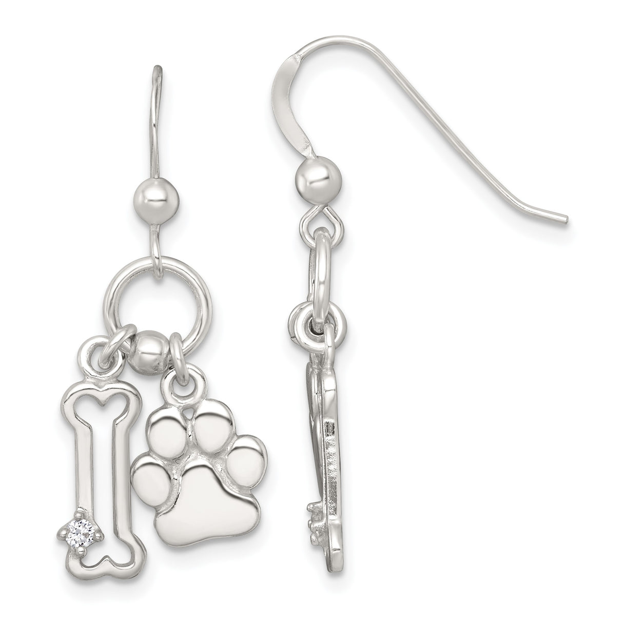 Sterling Silver Dangle Earrings with Cubic Zirconia, Dog Bone and Paw Print Design