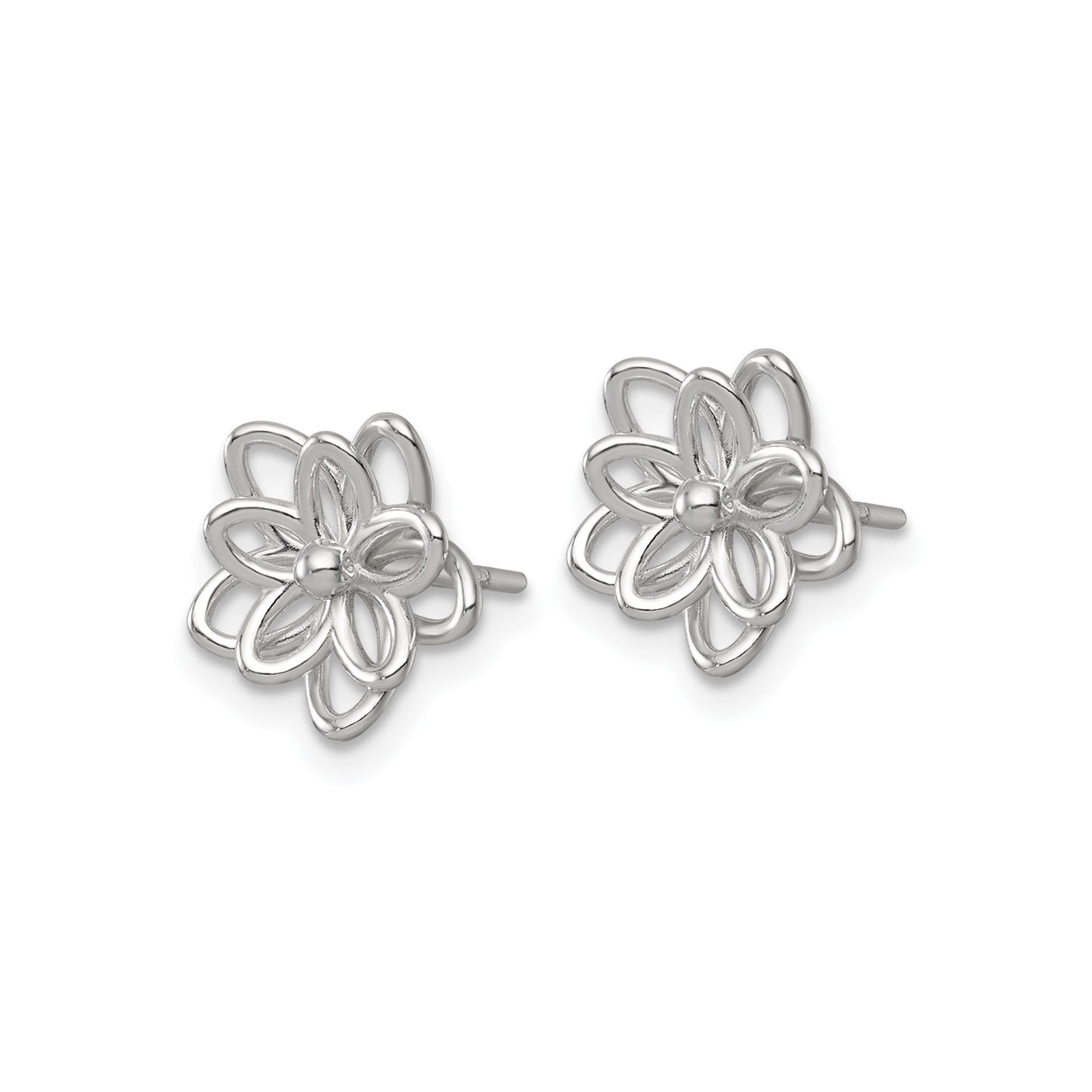 Sterling Silver Flower Stud Earrings with Open Petal Design, Polished Finish, Feminine Style
