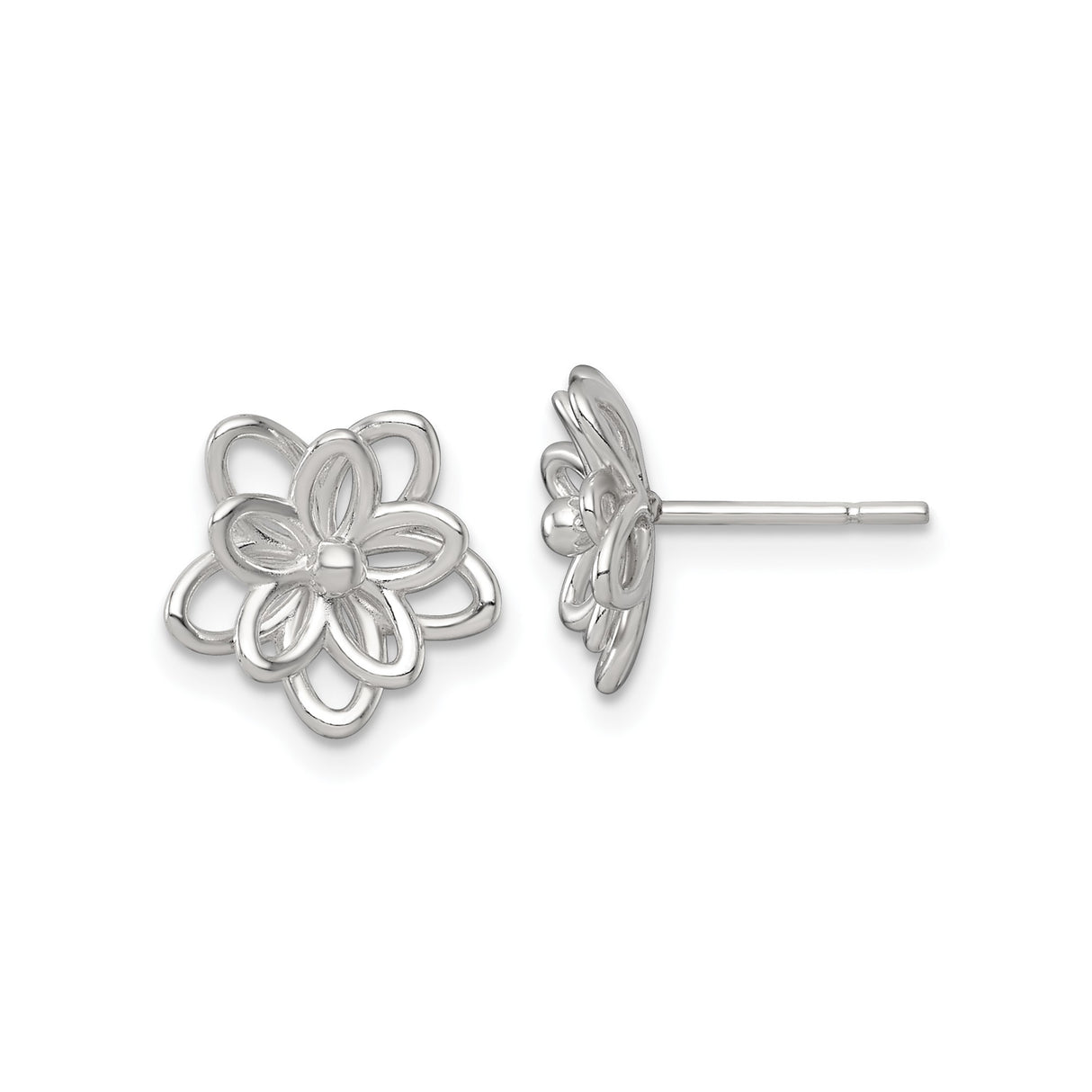 Sterling Silver Flower Stud Earrings with Open Petal Design, Polished Finish, Feminine Style