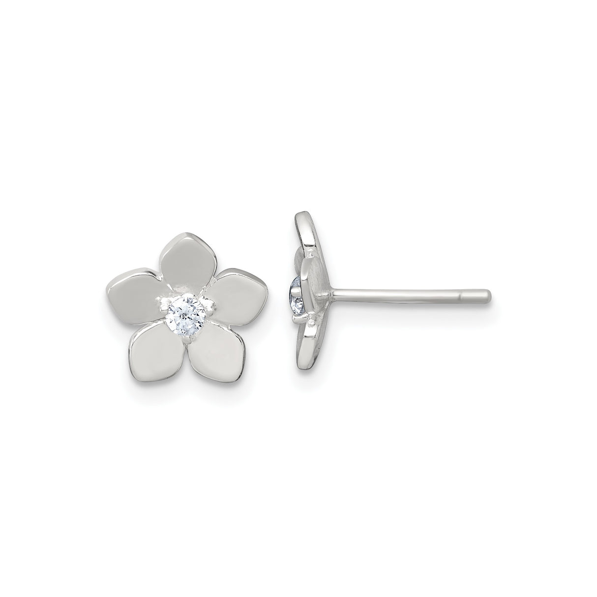 Sterling Silver Flower Stud Earrings with Cubic Zirconia, Five-Petal Floral Design