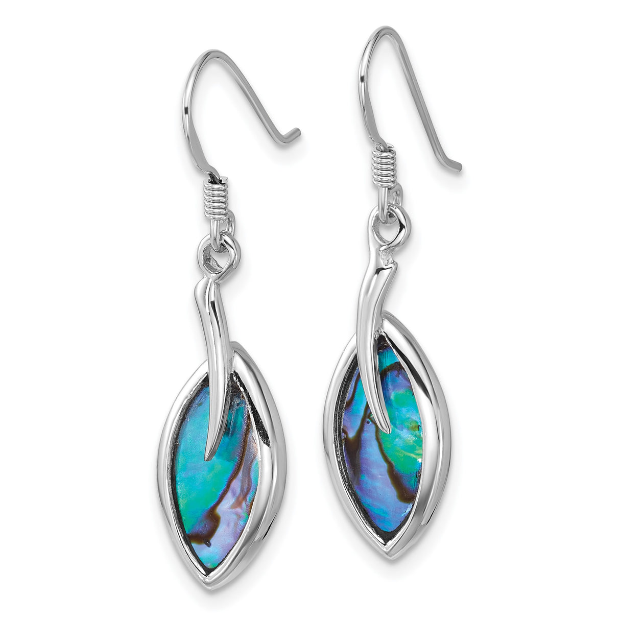 Sterling Silver Dangle Earrings with Marquise Abalone Shell, Boho Twist Design
