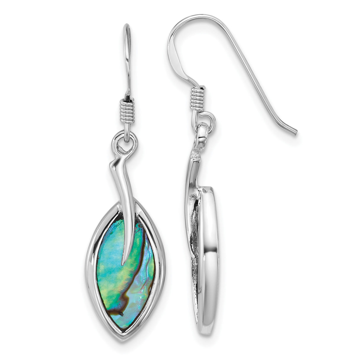 Sterling Silver Dangle Earrings with Marquise Abalone Shell, Boho Twist Design