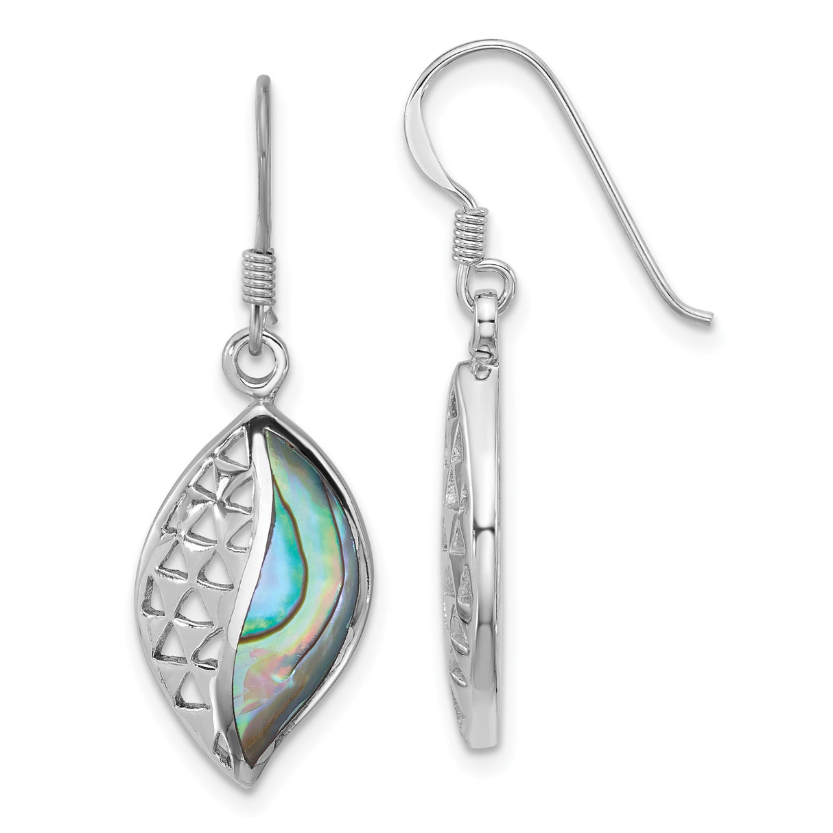 Sterling Silver Dangle Earrings with Abalone Shell Inlay, Open Marquise Design, Coastal Style