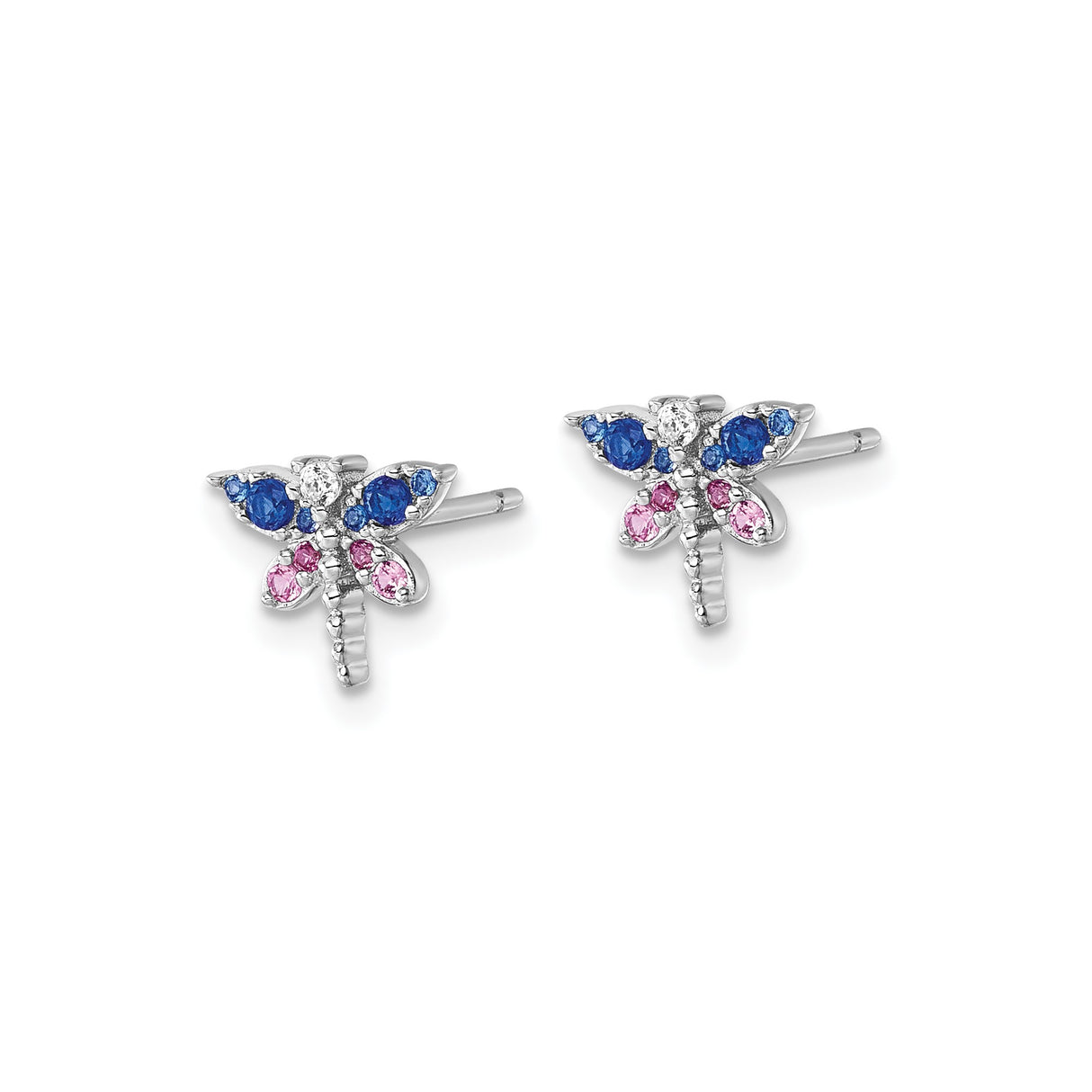 Sterling Silver Dragonfly Stud Earrings with Blue, Pink, and Clear Cubic Zirconia Accents