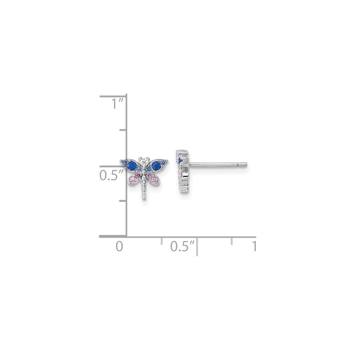 Sterling Silver Dragonfly Stud Earrings with Blue, Pink, and Clear Cubic Zirconia Accents