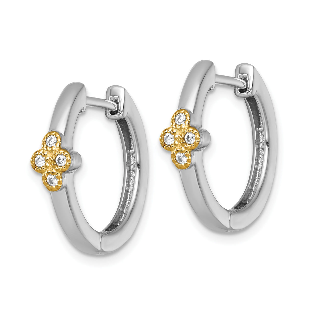 Sterling Silver Two Tone Hoop Earrings with Cubic Zirconia and Quatrefoil Design
