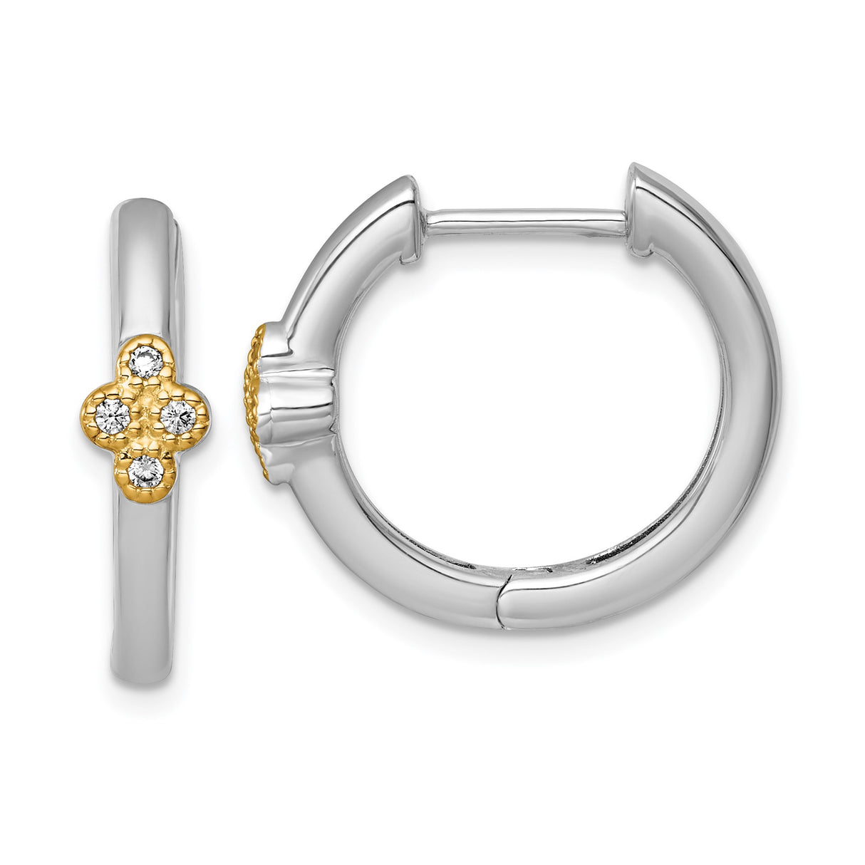 Sterling Silver Two Tone Hoop Earrings with Cubic Zirconia and Quatrefoil Design