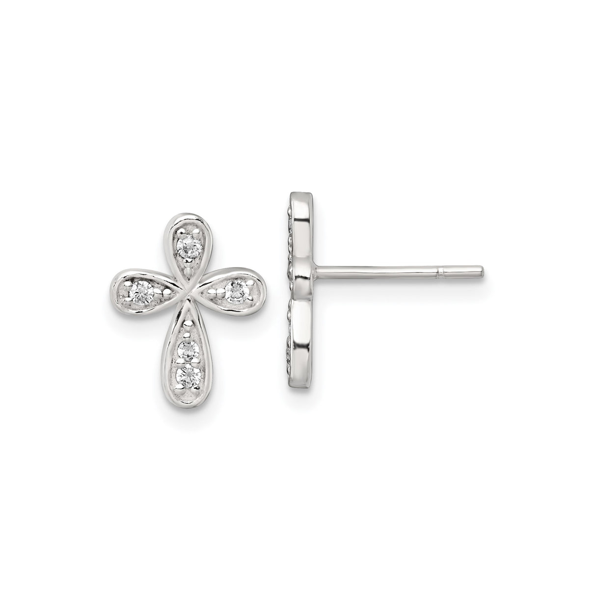 Sterling Silver Cross Stud Earrings with Cubic Zirconia Teardrop Petals, Christian Jewelry for Women