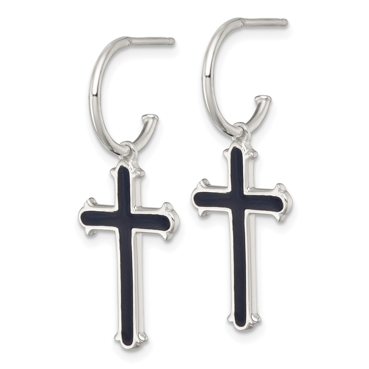 Sterling Silver Hoop Earrings with Black Enamel Cross Charm, Unisex Religious Jewelry