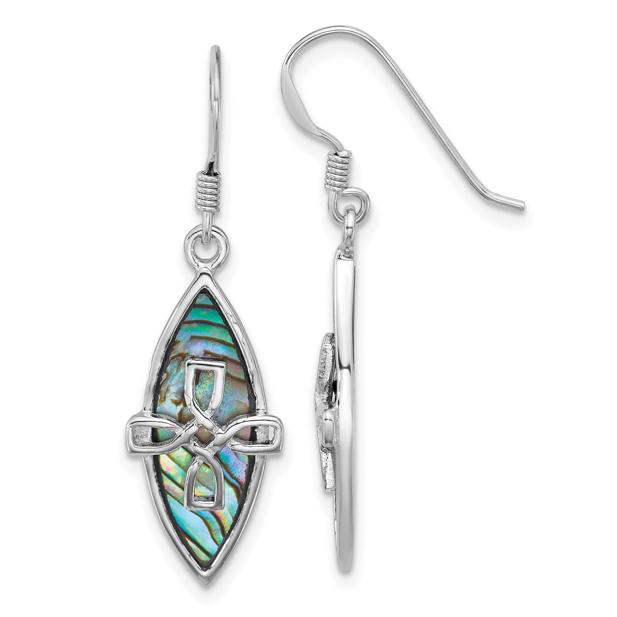 Sterling Silver Dangle Earrings with Marquise Abalone Inlay, Celtic Knot Design