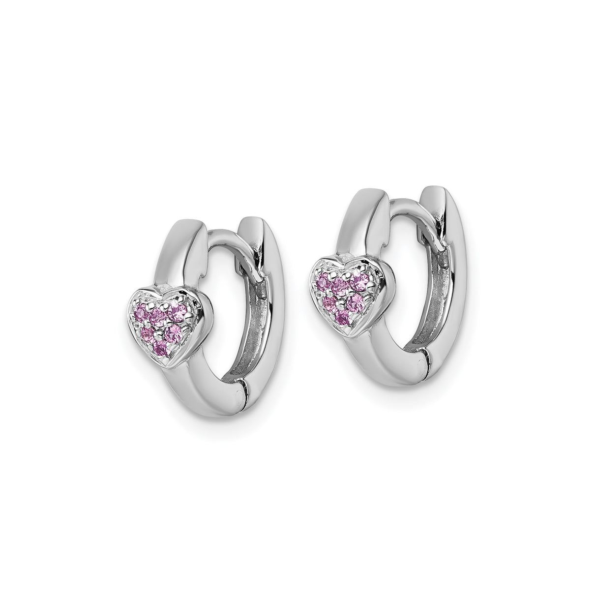 Sterling Silver Huggie Hoop Earrings with Pink Cubic Zirconia Heart Accents