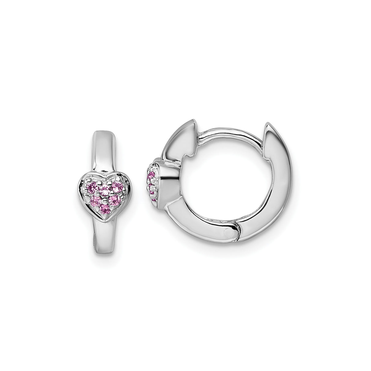 Sterling Silver Huggie Hoop Earrings with Pink Cubic Zirconia Heart Accents