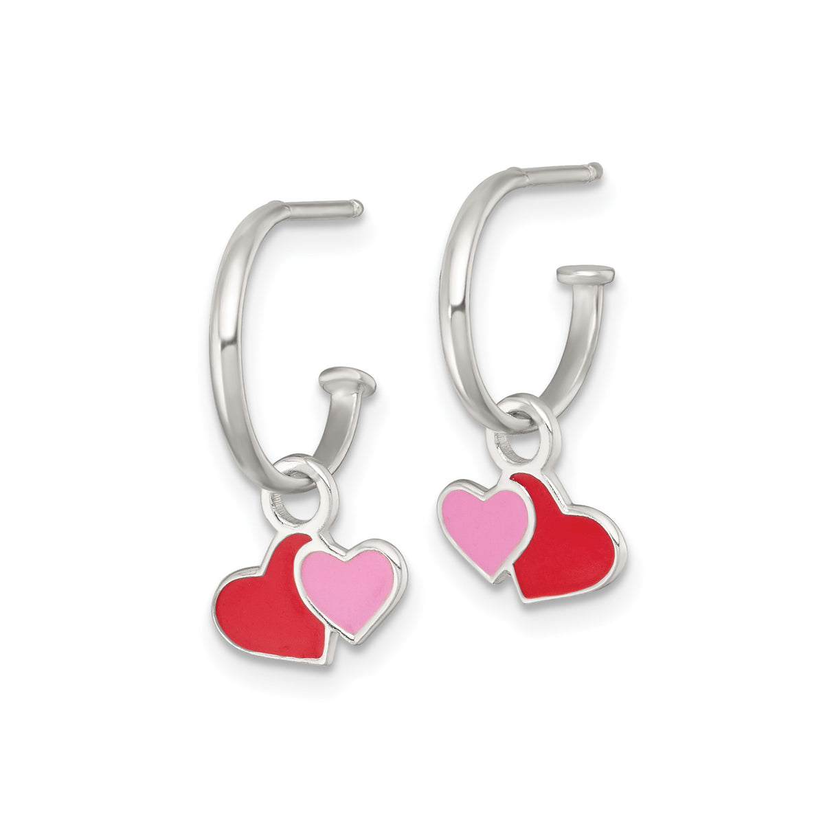 Sterling Silver Hoop Earrings with Red and Pink Enamel Double Heart Charms