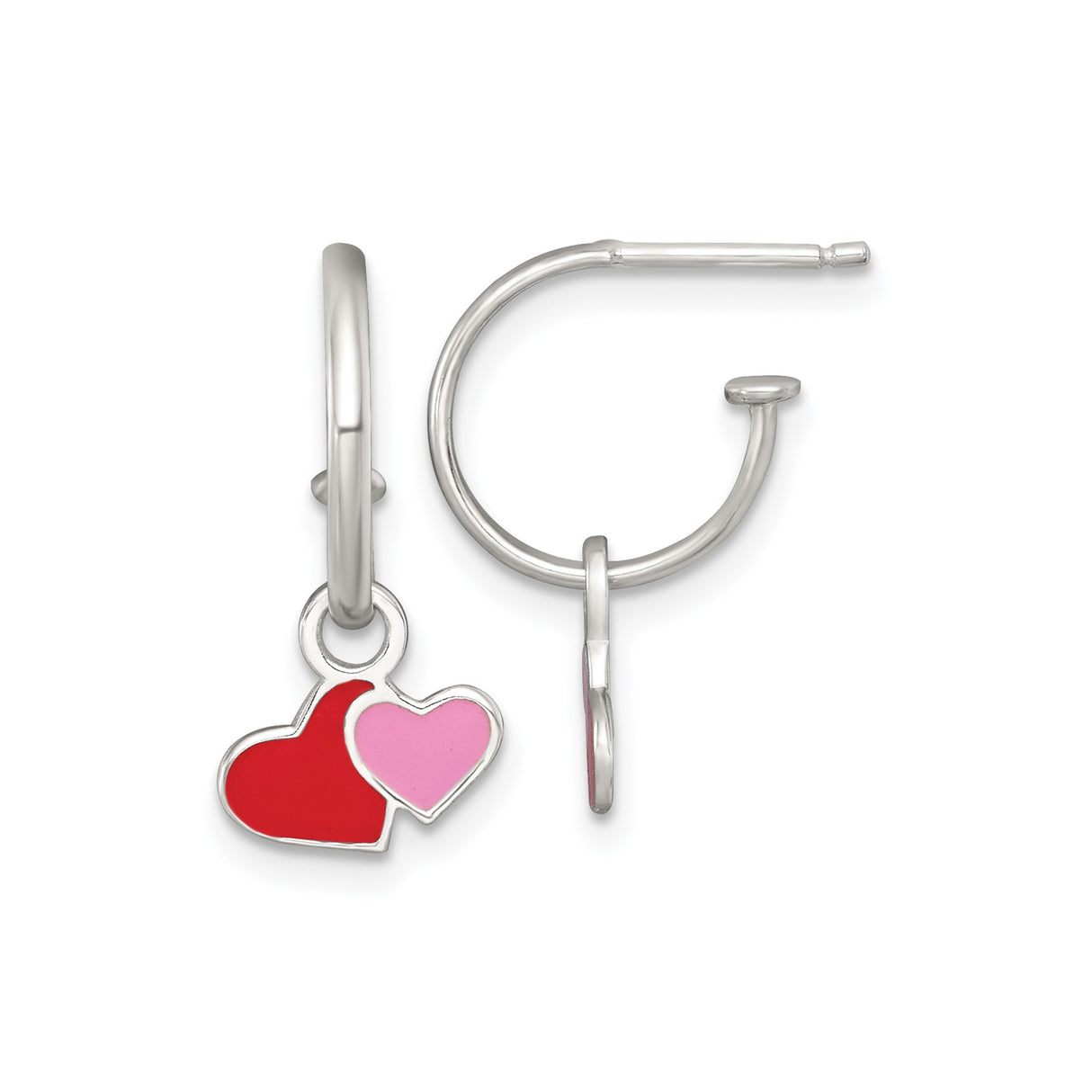 Sterling Silver Hoop Earrings with Red and Pink Enamel Double Heart Charms