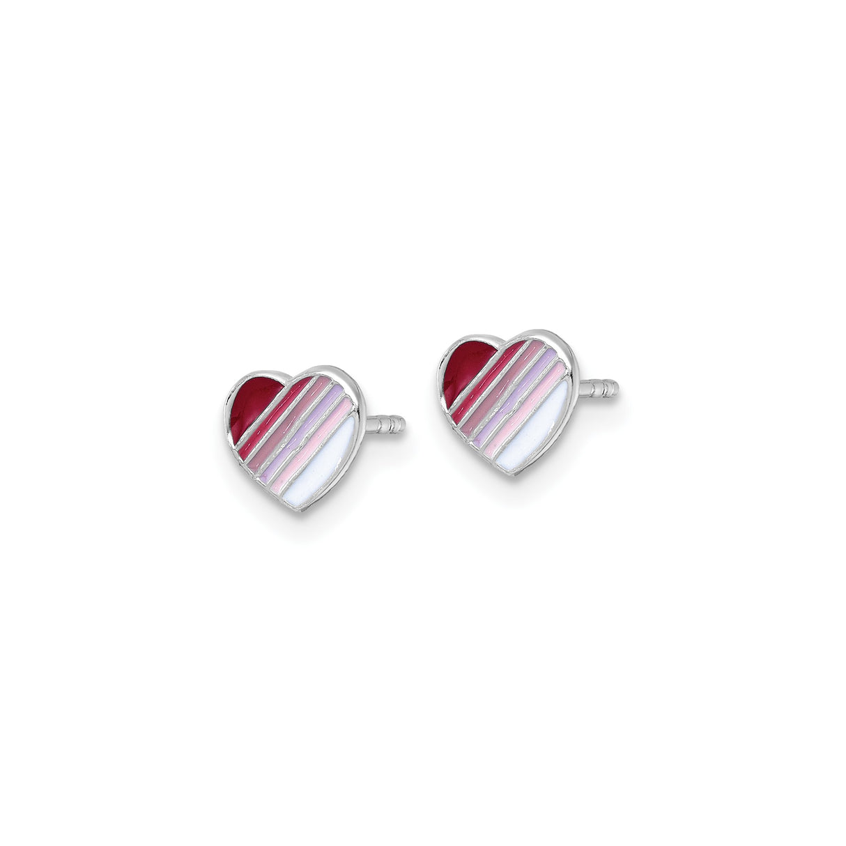 Sterling Silver Heart Stud Earrings with Pink Red White Enamel Stripes, Dainty Lightweight Jewelry