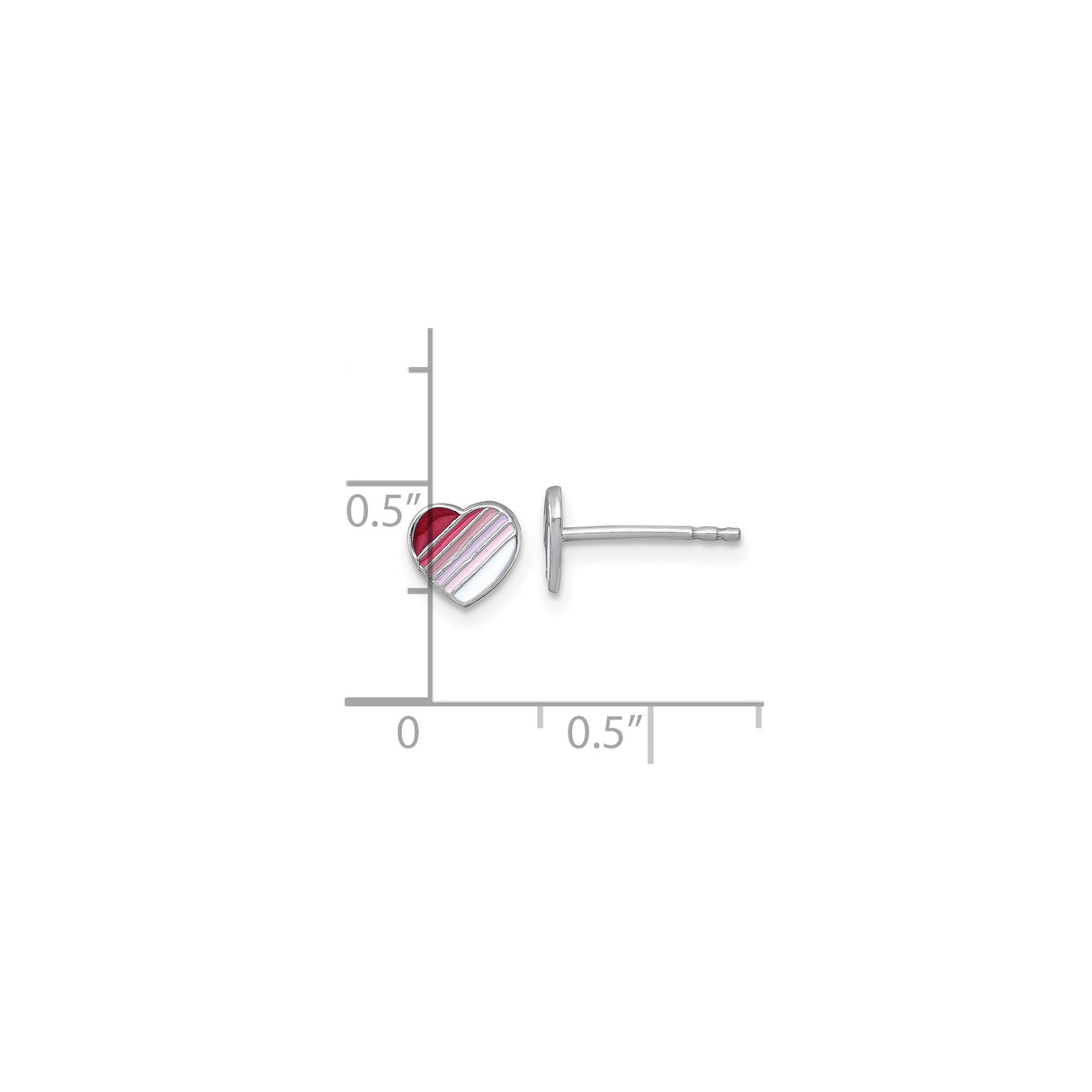Sterling Silver Heart Stud Earrings with Pink Red White Enamel Stripes, Dainty Lightweight Jewelry