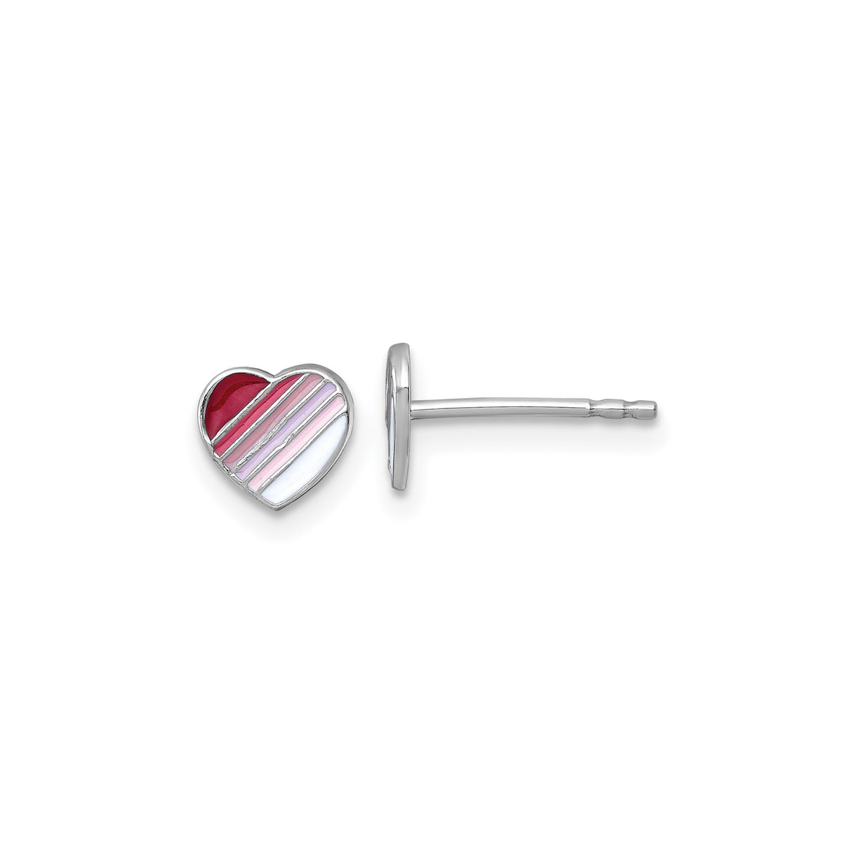 Sterling Silver Heart Stud Earrings with Pink Red White Enamel Stripes, Dainty Lightweight Jewelry